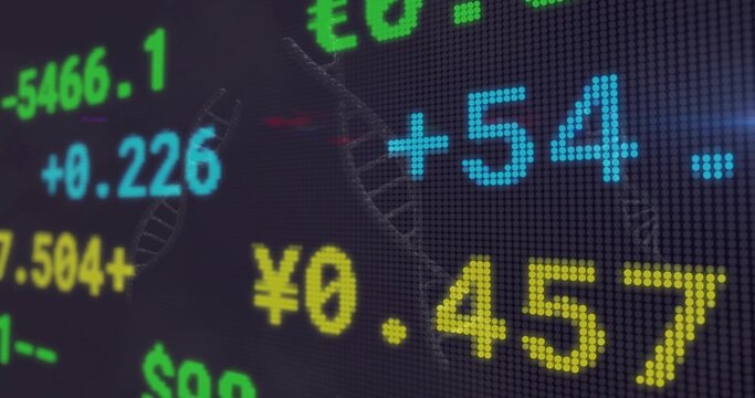 Showing market data on LED grid on trading floor, with colored digits, yen symbols, abstract curves - Powered by Adobe