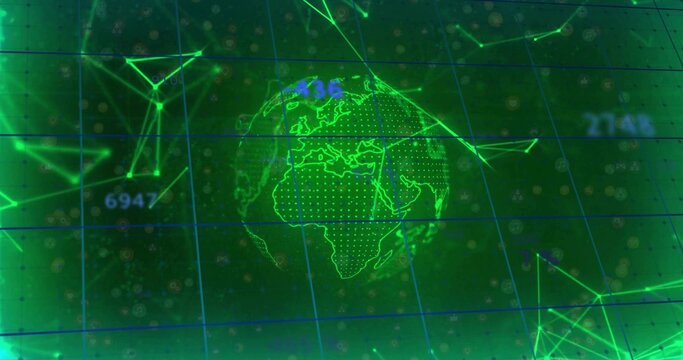 Displaying green wireframe globe on virtual dashboard, with grid and network nodes and numbers