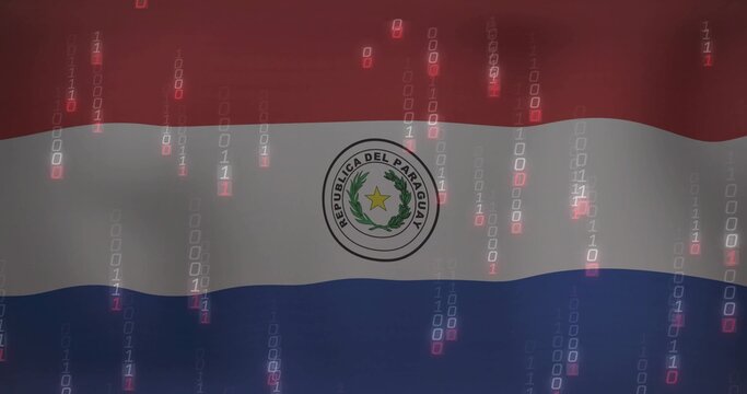 Naklejki Displaying Paraguayan flag with coat of arms emblem across digital graphic, streaming binary code