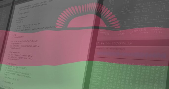 Naklejki Displaying red-green striped flag overlaying office screen showing code windows and encryption tool