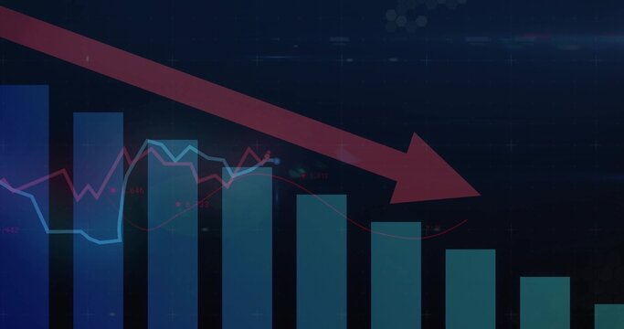 Displaying dashboard with red downward arrow overlaying bar chart and line graph, on grid backdrop