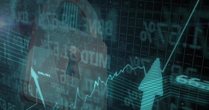 Displaying translucent padlock featuring keyhole overlaying data grid, flowing code and arrow chart