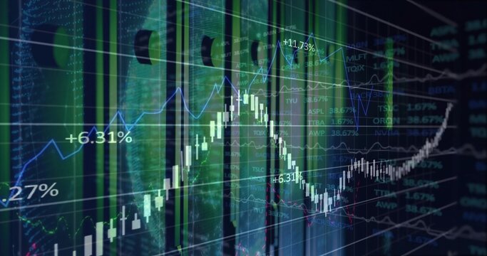 Digital chart showing in translucent trading UI with candlesticks, graphs, percentages and tickers - Powered by Adobe