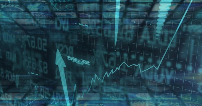 Showing trading dashboard scrolling data, jagged graph, up arrow, ticker symbols and currency icons