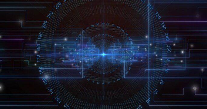 Blue hub radiating in HUD, with degree scale, transparent frames, circuit lines and glowing nodes - Powered by Adobe