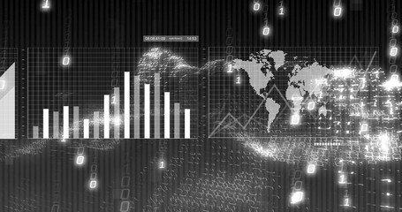 Displaying dashboard on screen with bar chart, timecode stamp and world map grid overlay