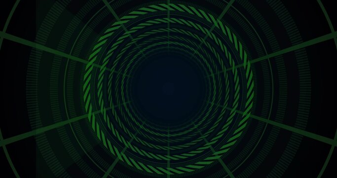 Looping green circular tunnel pattern forming infinite perspective in virtual environment, depth