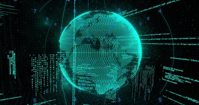 Naklejki Holographic globe rotating in virtual grid space, with floating code fragments and numeric overlays