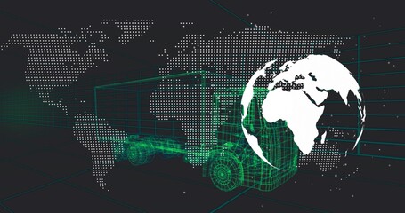 Green wireframe semi-truck moving in virtual neon grid space, with dotted world map and white globe