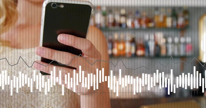 Holding smartphone near chest-high crochet top woman at bar with audio waveform overlay, copy space - Powered by Adobe