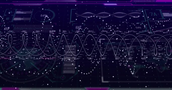 Displaying central dotted waveform on holographic dashboard, with gauge, bar charts, numeric labels