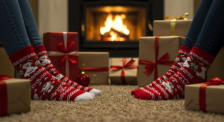 Cozy Christmas socks by fireplace with holiday gifts. Festive winter relaxation and warmth.