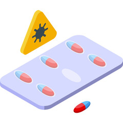 Isometric Medical Pills In Blister Pack With Virus Warning Symbol In Yellow Triangle On Transparent Background