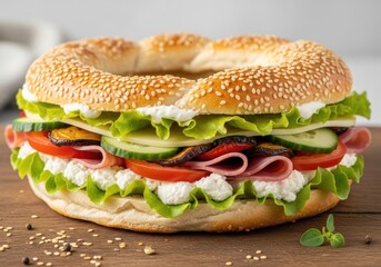 Sesame bagel sandwich with ham, ricotta-style cheese, tomato & cucumber
