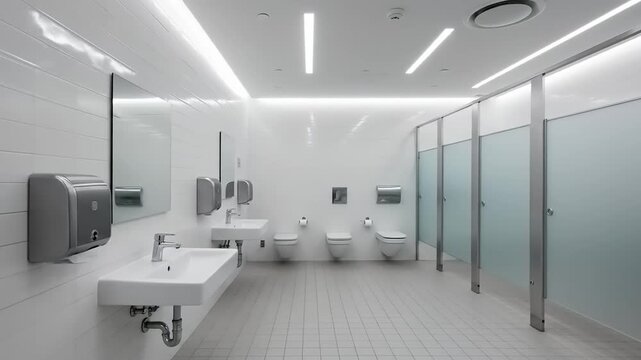 Modern and Clean Public Restroom Interior with Multiple Stalls and Sinks.