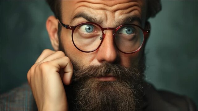 A man with a beard and glasses is looking off into the distance with a serious expression. He appears thoughtful and contemplative.