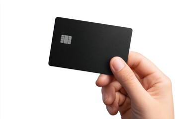 Hand holding black credit card isolated on white