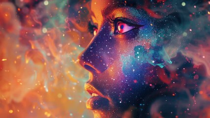 A woman's face is shown in a colorful, abstract style. The face is surrounded by a lot of smoke and fire, giving it a surreal and dreamlike appearance - Powered by Adobe