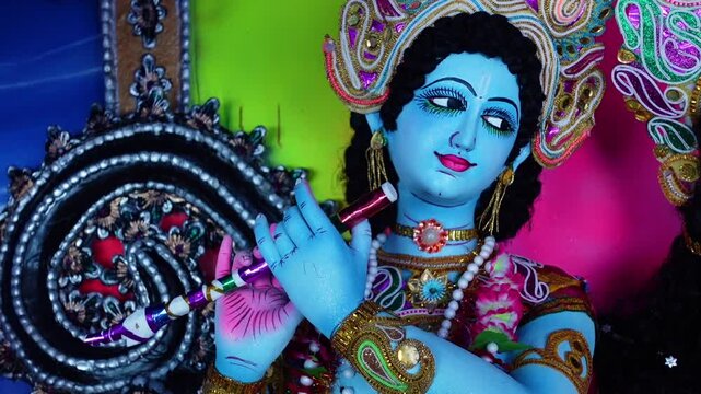 Idols of Radha Krishna and other deities are seen at the temporary puja pavilion on the occasion of Ras Mela Day at Dublar Char in the Sundarbans of Khulna district.