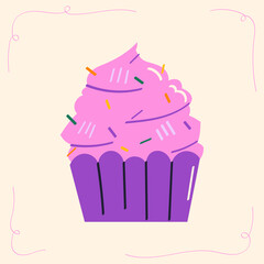 Bright pink cupcake with colorful sprinkles in purple wrapper. Sweet festive vector illustration for birthday, party design, bakery projects, and celebration decor