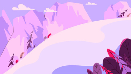 Fototapeta premium Vector winter landscape with snowy mountains, trees, and hills. Minimal and colorful background perfect for ski resort, travel, or holiday design projects