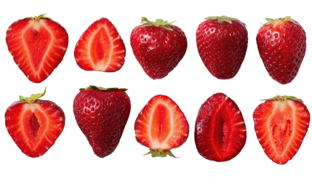 Fresh strawberry halves, vibrant red,  in a grid pattern