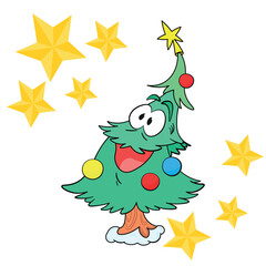 A cheerful Christmas tree decorated with garlands. Surrounded by stars. With a star and decorations—a charming illustration of a festive day.