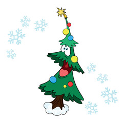 A cheerful Christmas tree with cartoon-style garlands and baubles, surrounded by snowflakes. Winter, Christmas, and New Year, hand-drawn clip art. Vector illustration on a white background.