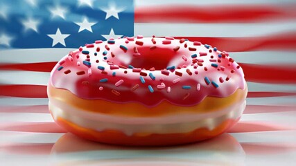 A glazed donut with red, white, and blue sprinkles against an American flag backdrop.