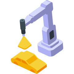 Isometric Robot Arm Assembling a Yellow Car on a 