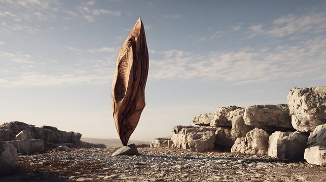Sculpted wood stands balanced on a rock in a dry, rocky landscape. - Powered by Adobe