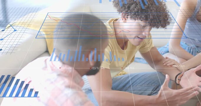 Three friends on sofa reviewing data overlay appearing updating bar pie line charts rotating chart