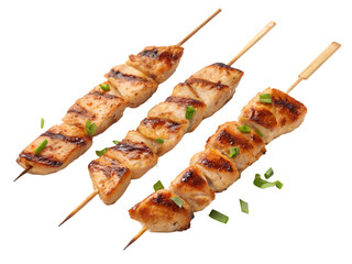 Chicken skewers with smoky grill marks, isolated on transparent background