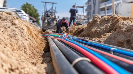 Construction workers laying colorful cables in a trench during a sunny day in an urban area