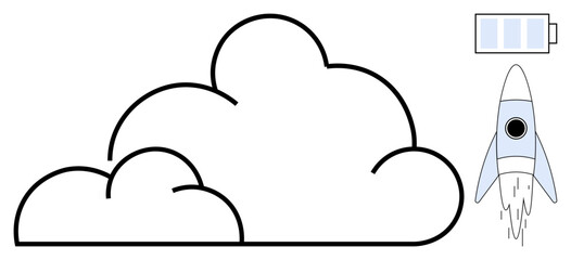 Rocket blasting off near cloud, battery illustrating energy and sustainability. Ideal for innovation, growth, technology, future, environmental, startup concepts success. Minimal flat metaphor