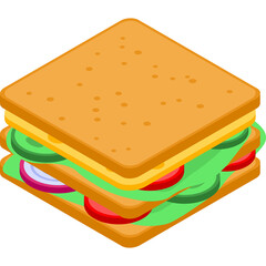 Isometric Sandwich With Cheese Cucumber Tomato and Red Onion Layered Between Toasted Bread Slices Isolated On Transparent Background