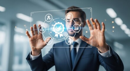 Businessman interacting with futuristic holographic interface