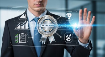 Businessman interacting with digital quality assurance and performance metrics display