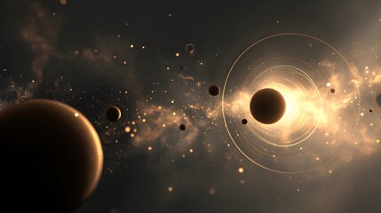 Obraz premium Celestial bodies orbit a luminous sun within a cosmic nebula.