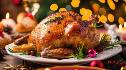 Christmas Dinner Turkey: The Iconic Centerpiece of Festive Holiday Meals – Showcasing Juicy, Herb-Roasted Perfection, Garnished with Cranberries, Rosemary, and Gravy, Ideal for Family Gatherings, Holi