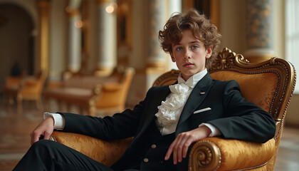 Young boy in formal suit poses in luxury interior. Child prince sits in classic armchair. Male kid in black elegant jacket. Kid in palace enjoys photoshoot session.