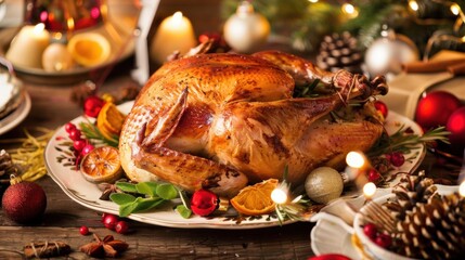 Christmas Dinner Turkey: The Iconic Centerpiece of Festive Holiday Meals – Showcasing Juicy, Herb-Roasted Perfection, Garnished with Cranberries, Rosemary, and Gravy, Ideal for Family Gatherings, Holi