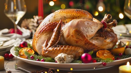 Christmas Dinner Turkey: The Iconic Centerpiece of Festive Holiday Meals – Showcasing Juicy, Herb-Roasted Perfection, Garnished with Cranberries, Rosemary, and Gravy, Ideal for Family Gatherings, Holi