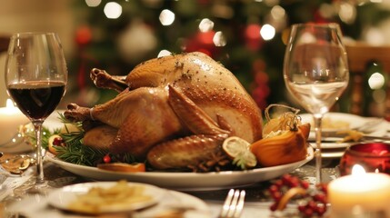 Christmas Dinner Turkey: The Iconic Centerpiece of Festive Holiday Meals – Showcasing Juicy, Herb-Roasted Perfection, Garnished with Cranberries, Rosemary, and Gravy, Ideal for Family Gatherings, Holi