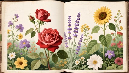 A vintage open book displays a beautiful botanical illustration of a summer garden with roses, lavender, and sunflowers