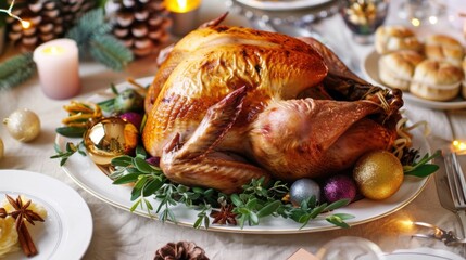 Christmas Dinner Turkey: The Iconic Centerpiece of Festive Holiday Meals – Showcasing Juicy, Herb-Roasted Perfection, Garnished with Cranberries, Rosemary, and Gravy, Ideal for Family Gatherings, Holi