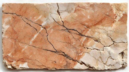 Fototapeta premium Cracked pink and white marble slab shows natural geological patterns.