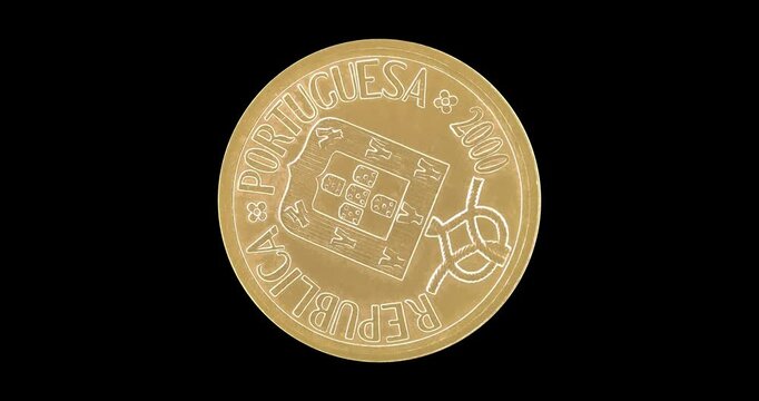 Obverse of Portugal pre-euro coin 1 escudo 2000, isolated in black background. Loopable animation in 4k resolution video