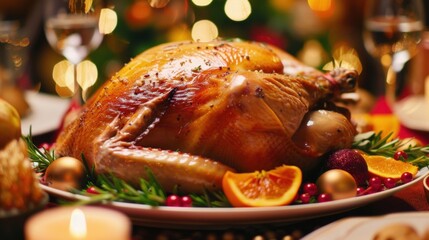 Christmas Dinner Turkey: The Iconic Centerpiece of Festive Holiday Meals – Showcasing Juicy, Herb-Roasted Perfection, Garnished with Cranberries, Rosemary, and Gravy, Ideal for Family Gatherings, Holi