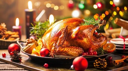 Christmas Dinner Turkey: The Iconic Centerpiece of Festive Holiday Meals – Showcasing Juicy, Herb-Roasted Perfection, Garnished with Cranberries, Rosemary, and Gravy, Ideal for Family Gatherings, Holi